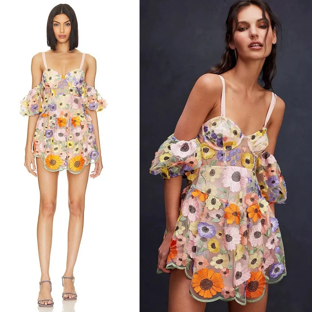 NWT For Love & Lemons Prato Flower Floral Appliqué Mini Dress - Picture 3 of 13